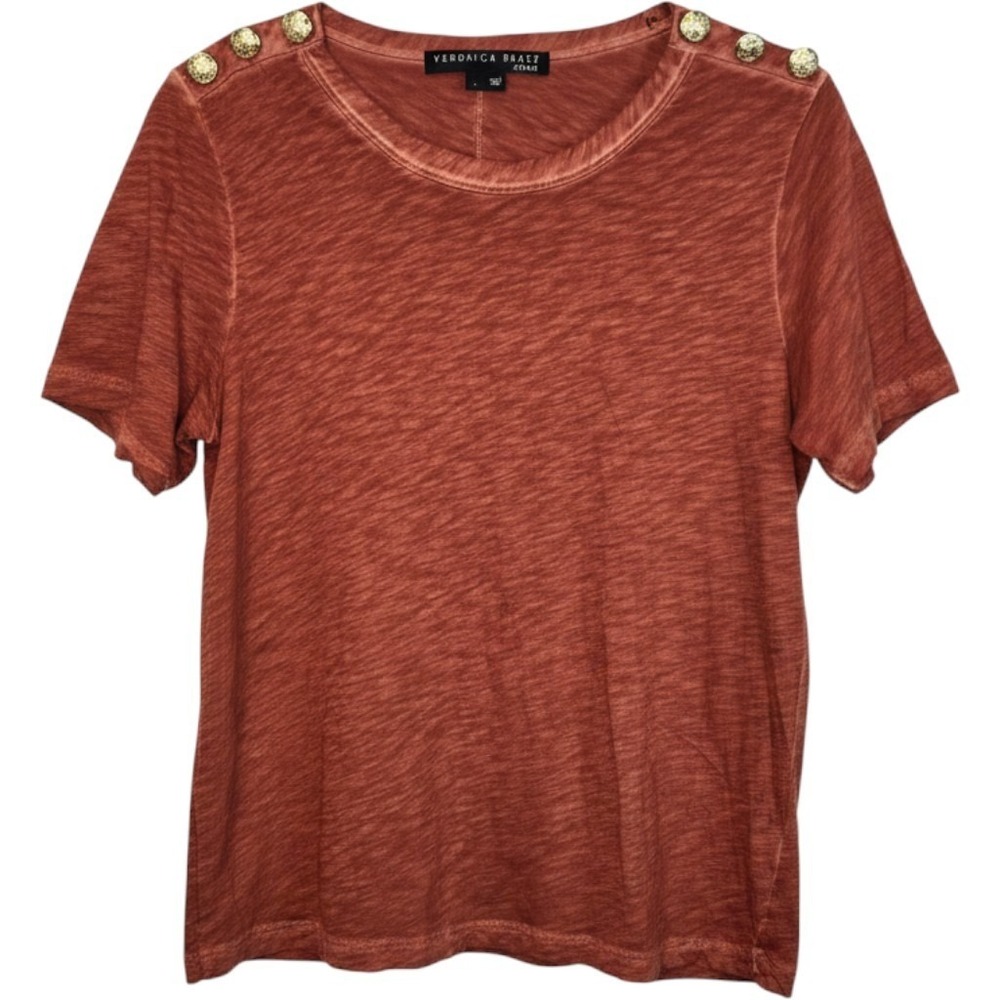 Veronica Beard Jeans Rust Orange Pima Cotton Button Shoulder Slub Tee Large